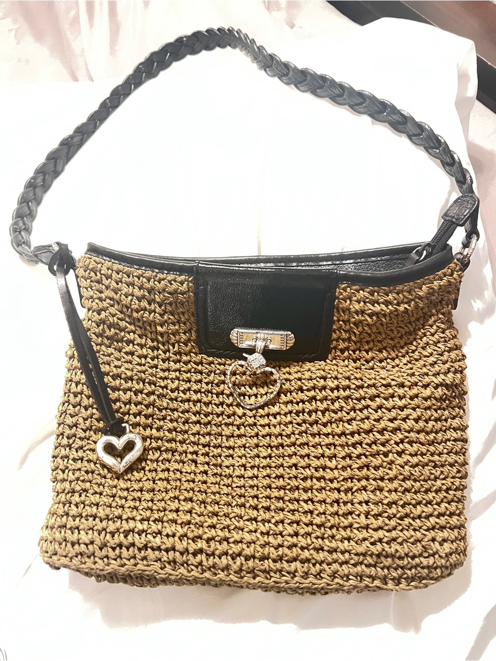 Brighton Vintage Woven Straw Shoulder Bag with Black Trim and Heart Charm